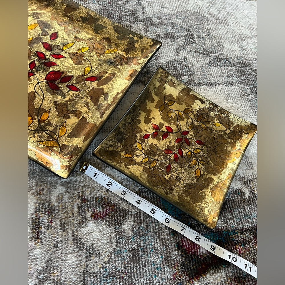 Two piece Catch All glass art tray set neutrals red yellow decorative bundle EUC - Picture 7 of 9